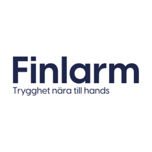 Logotyp Blå text företagsnamn och payoff Finlarm