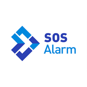 sos alarm logo blå text vit bakgrund